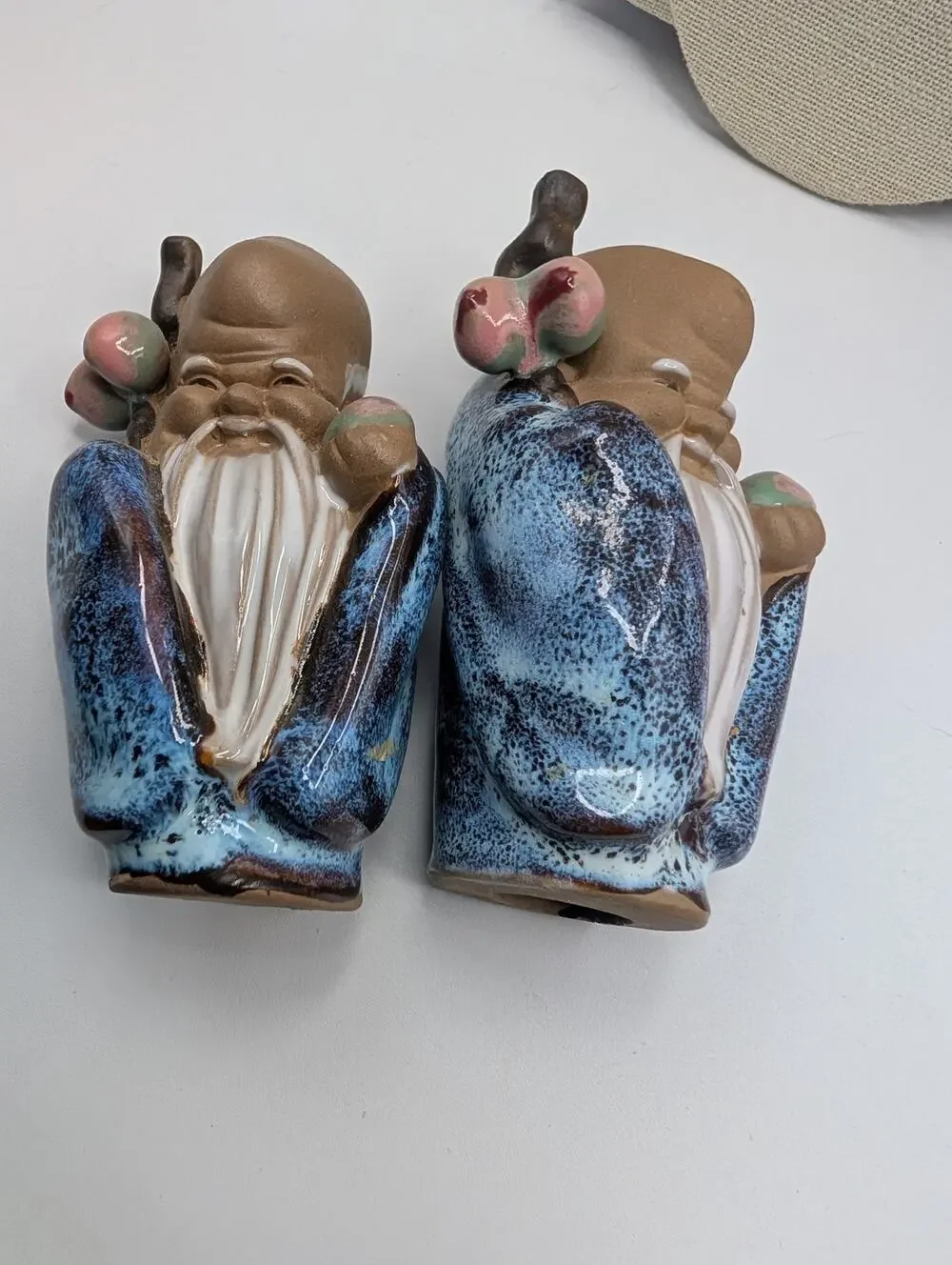 VTG Pair of Chinese Happy Buddha Figurines Glazed Clay Pottery Wise Old Man